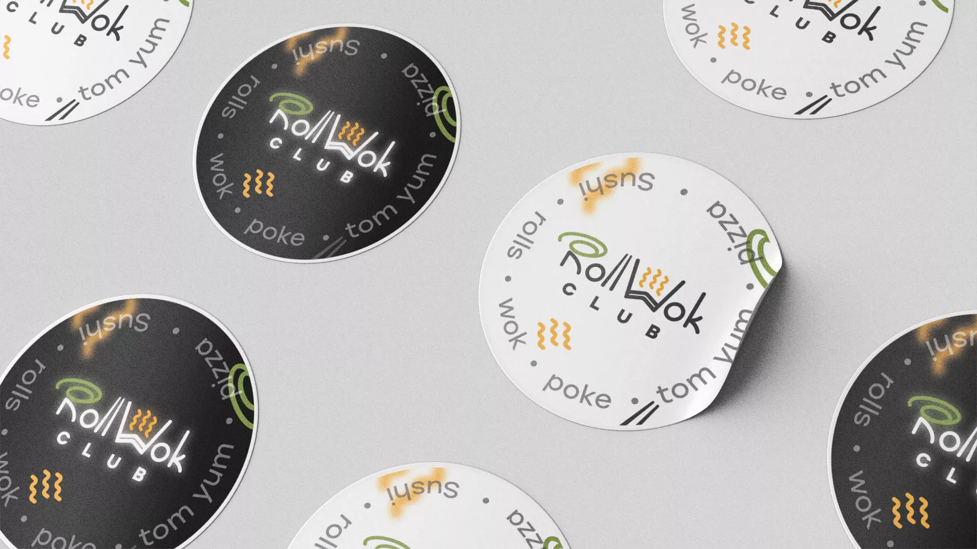 Разработка дизайна наклеек для суши-бара «Roll Wok Club» в Вихоревке